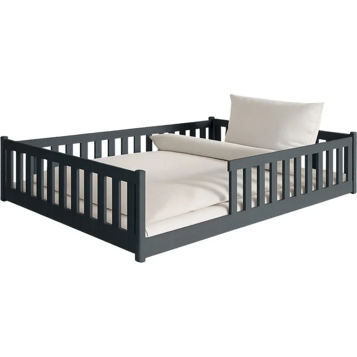 Kids Collective Kinderbett Bodenbett Bett mit Rausfallschutz & Lattenrost Montessori Bett Kinder (weitere Größen 80x160, 80x180, 90x190, 90x200, 120x200 cm), Jugendbett Einzelbett Graphit Kiefer 140x200 cm – Bild 2