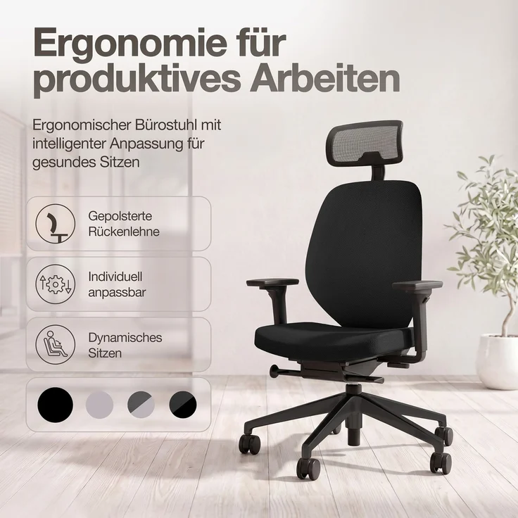 ASSMANN Ergonomischer Bürostuhl Atessa mit Polsterrücken und Kopfstütze Schwarz 63x53x121cm Textil – Bild 2