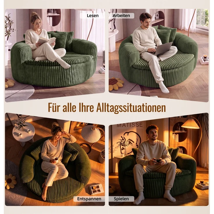 Abrihome Sitzsack mit Armlehnen und Rückenkissen, Grün, 145x133x59 cm – Bild 6