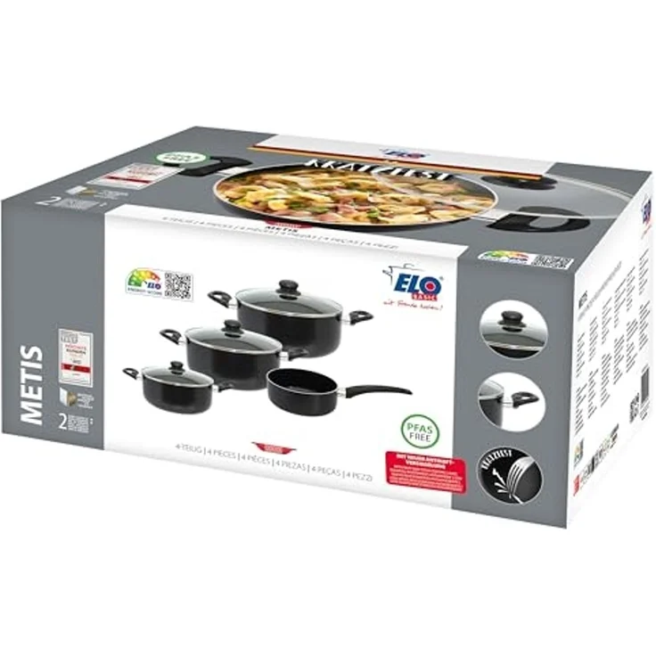 Elo Topf-Set METIS, 4-teilig, Schwarz, mit Glasdeckel, Aluminium, 3 Kochtöpfe und 1 Stielkasserolle – Bild 3