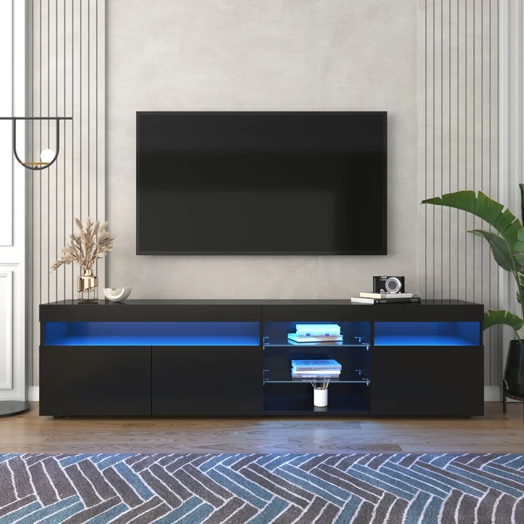 TV-Schrank, MDF mit Hochglanzfront & LED-Beleuchtung, 180x35x48 cm, Schwarz – Bild 8