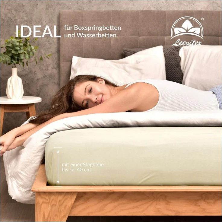 leevitex® Spannbettlaken Spannbettlaken Boxspringbett & Wasserbett Spannbettlaken 150 g/m², Gummizug: rundum, Mako-Baumwolle, ÖkoTex, 180x200 – 200x220 cm + 40 cm Steg – Bild 2