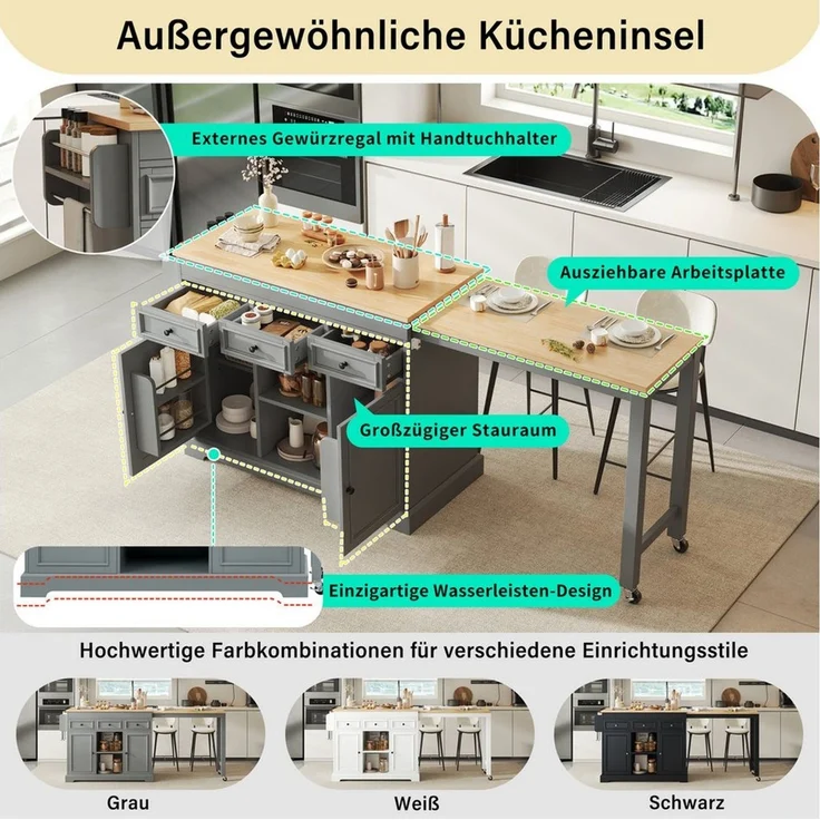 Celya Kücheninsel auf Rollen, Ausziehbarer Essbereich Kücheninsel mit Gewürzregal, mit Schubladen, Mobile Kücheninsel freistehend – Bild 3