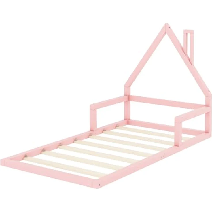 FAVSH Hausbett 90x200 cm Kinderbett mit Rausfallschutz, Lattenrost und Hausdach-Design, Jugendbett aus Kiefernholz, Einzelbett für Kinder und Jugendliche, Bodenbett Rosa – Bild 5