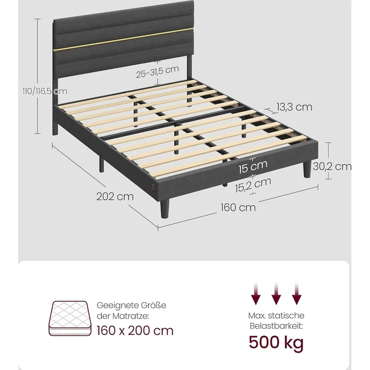 VASAGLE Doppelbettgestell, Bettgestell, passend für 160 x 200 cm Matratze, verstellbares gepolstertes Kopfteil, Bettrahmen, Metall, Massivholz – Bild 2