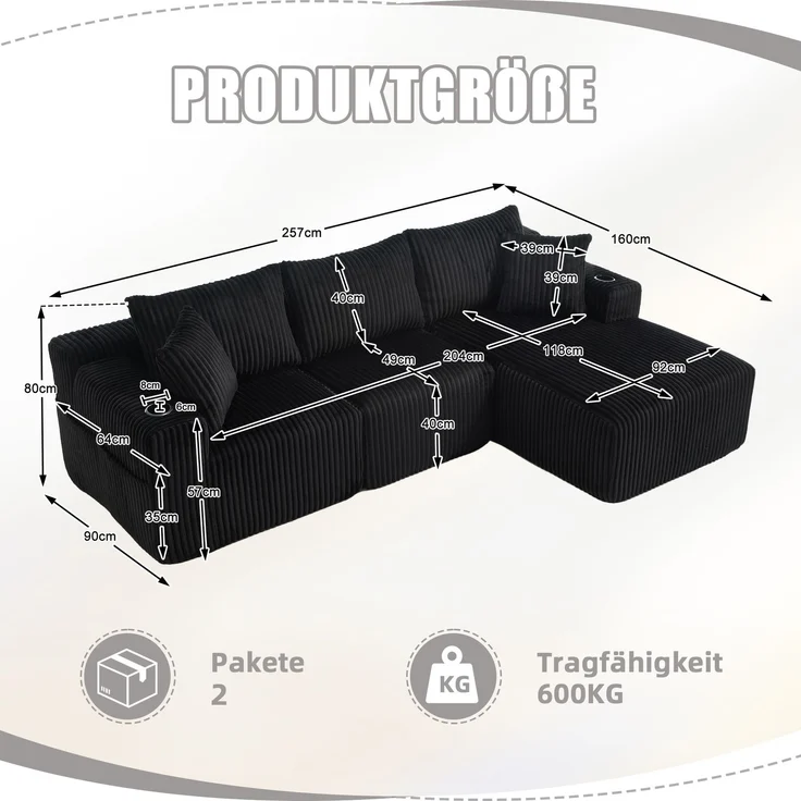 Modulares Sofa Set mit Chaiselongue & 2-Sitzer in Schwarz, weicher Cordbezug, 5 Kissen, Getränkehalter – Bild 10