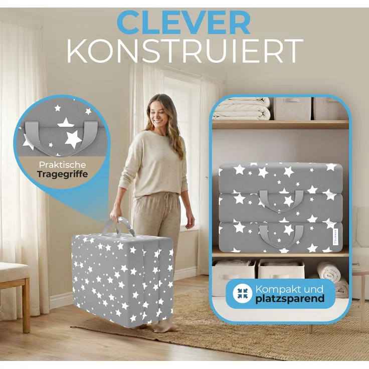 ELONEO Klappmatratze, Gästematratze, 3-teilige Faltmatratze, Schaumstoff extra dick (15cm), waschbar, Bandscheibenwürfel, klappbar, Faltbare Matratze, Erwachsene (Sterne, 90 x 200 x 15 cm) – Bild 4