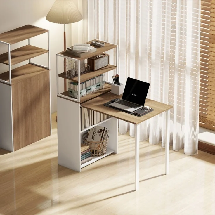 EINHOM Schreibtisch Klappbar Küchentisch mit 4 Regal Computertisch Arbeitstisch Laptoptisch 105 x 60 x 127 cm Naturholz – Bild 3