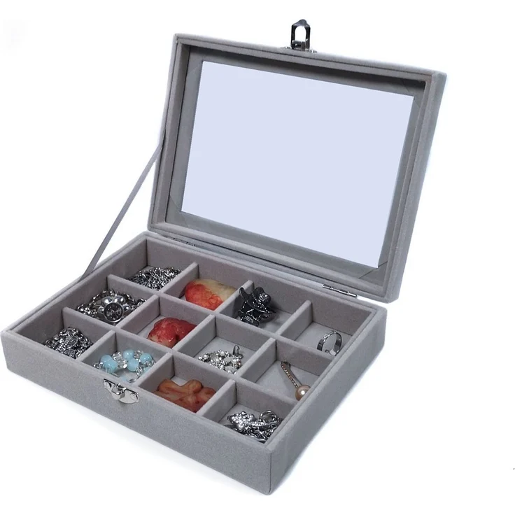 Yudu Aufbewahrungsbox Schmucktablett Schmucklade Schmuckkästchen mit Glasdeckel grau – Bild 5