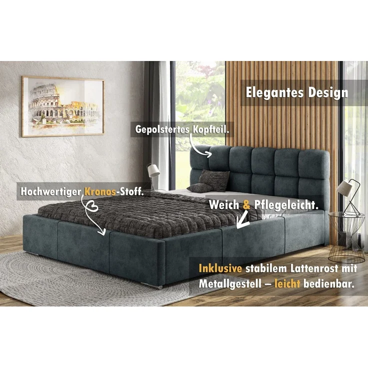 thematys Polsterbett mit Bettkasten & Lattenrost – Stauraumbett 160x200cm, ohne Matratze, Plüschstoff, Grau – Bild 2