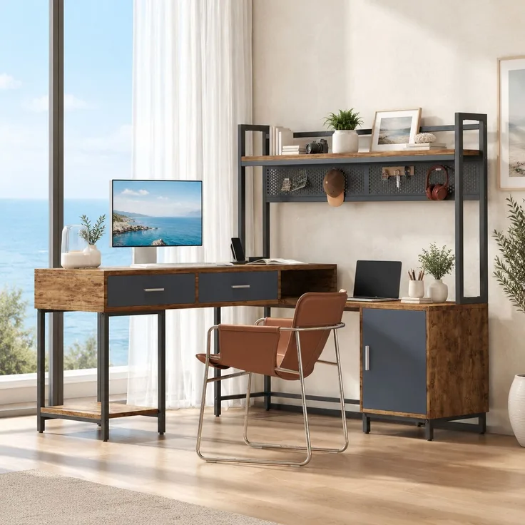 L-förmiger Schreibtisch 140x140x135 cm mit Stauraum, MDF und Metall