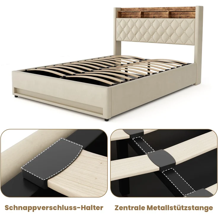Luxuriöses Polsterbett 160x200 cm, Beige Samt, hochelastische Polsterung, Lattenrost & Matratze inkl. – Bild 9
