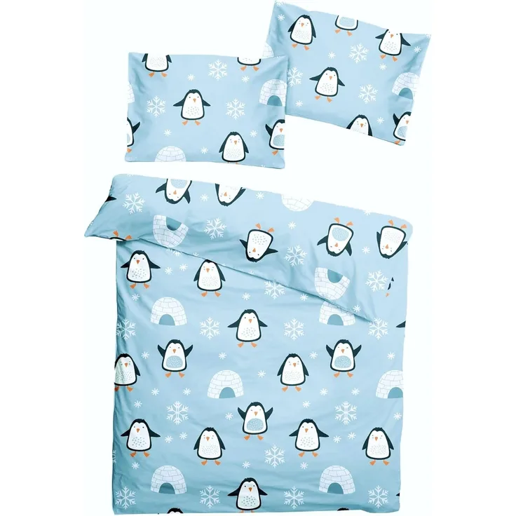 JACK Babybettwäsche 100x135cm Pinguin Iglu Nordpol Blau, Biber, 2 teilig, süßes Kindermotiv mit Pinguinen, mit Reißverschluss