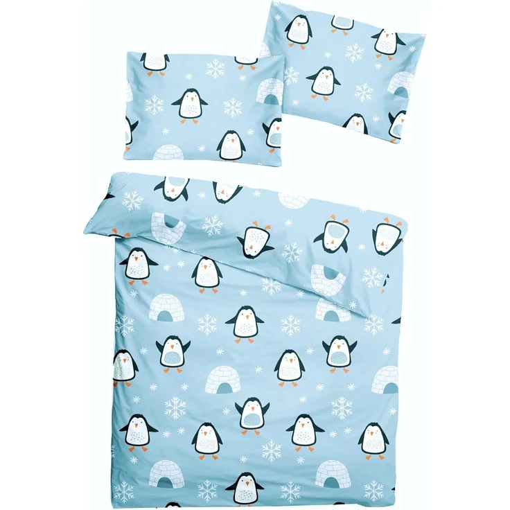 JACK Babybettwäsche 100x135cm Pinguin Iglu Nordpol Blau, Biber, 2 teilig, süßes Kindermotiv mit Pinguinen, mit Reißverschluss – Bild 1