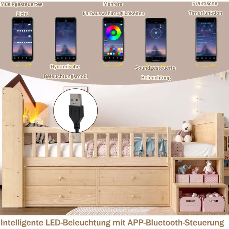 Halbhohes Bett 90x200 cm in Natur – Hausform mit LED, Schubladen, Regalen und Leiter – Bild 6