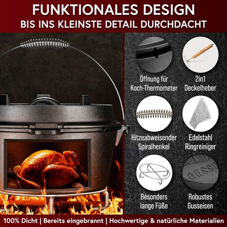 Gusseisen Set 10-teilig in Holzbox – Dutch Oven 4,5 l, Pfanne Ø 26 cm, Grillplatte, Zubehör & Rezeptbuch, ideal für Grill & Outdoor – Bild 8