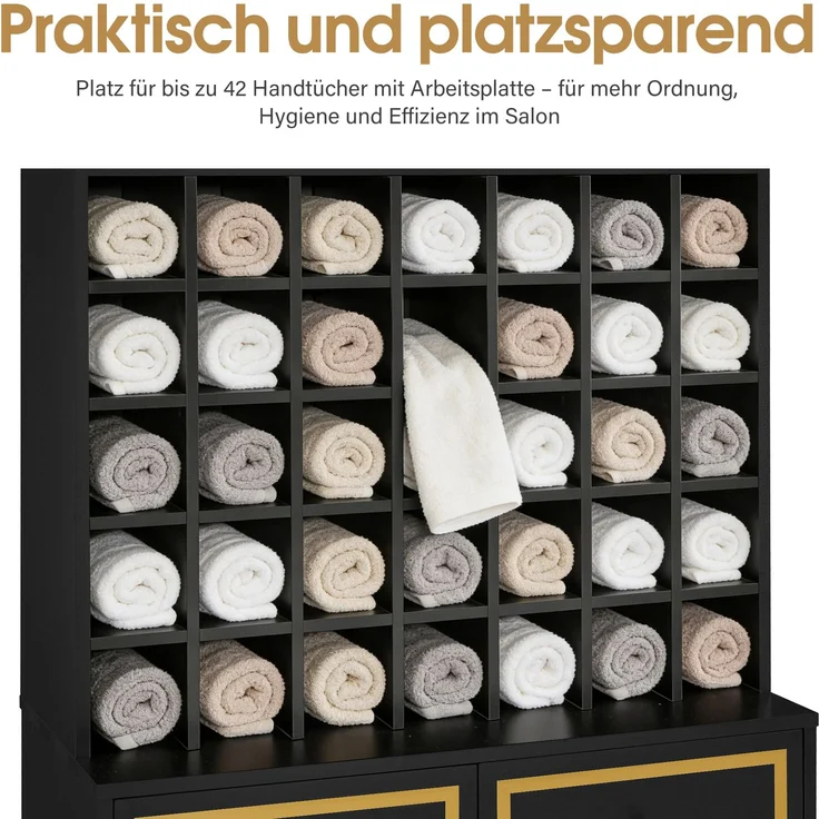 BarberPub Handtuchschrank mit 2 Schubladen, 42 Offenen Fächern & 4 Schränken, Badezimmerschrank Schwarz, Hochschrank Aufbewahrungsschrank Holz für Friseursalon, Schönheitssalon 40x80x180 cm, R6194 – Bild 4
