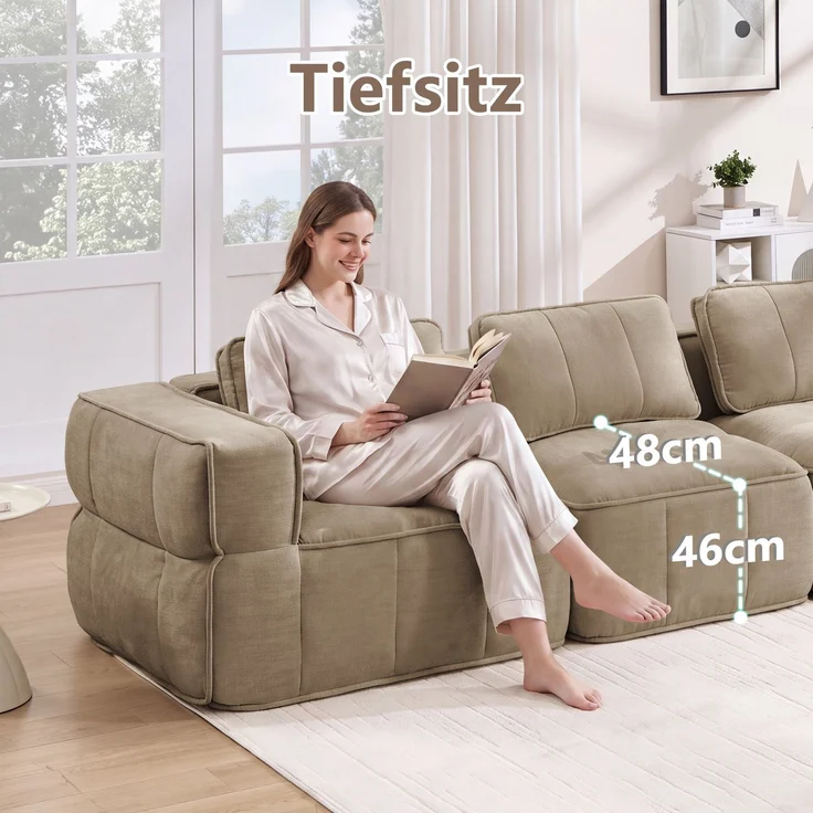 EINHOM Modulares 3-Sitzer-Sofa, stützenloses Design, 32D-Schaumstoff hoher Dichte, bequemer Stoff, geeignet für das Wohnzimmer, rutschfestes Design, keine Montage erforderlich, Sand – Bild 6