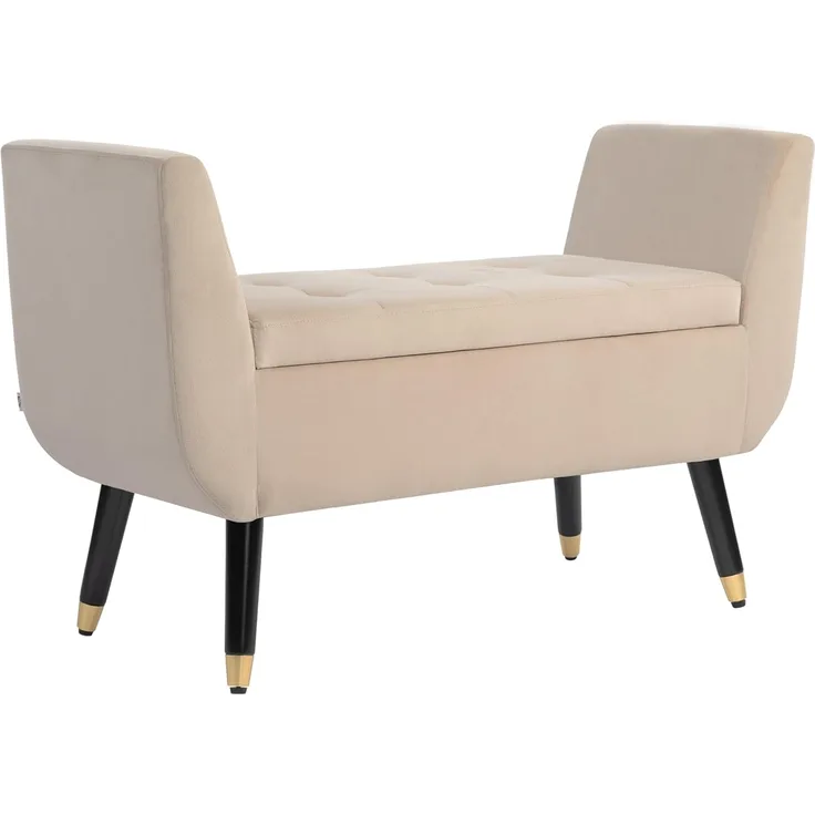 HOMCOM Sitzbank mit Stauraum Armlehnen, Samtartiges Polyester (Truhenbank, 1-St, Polsterbank), Gummiholz Beige 107 x 42 x 65 cm