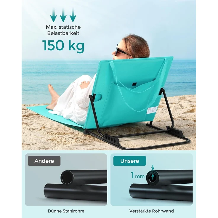 Songmics Strandstuhl, Campingstuhl, Sonnenliege, Strandliege, klappbar, verstellbare Rückenlehne, leicht tragbar mit Griff, für Camping, Garten, Pool, 158x55 cm, seeblau GCB151C01 – Bild 5