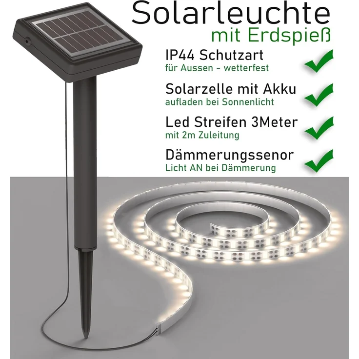 LED Solar Leuchtstreifen 3m Solarleuchte mit Dämmerungssensor Led-Streifen Solarzelle Erdspieß IP44 Aussenbeleuchtung im Silikon Schlauch Licht Warmweiß [Energieklasse A+] – Bild 3
