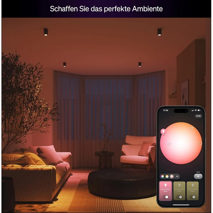 Philips Hue Essential Starter-Set: Bridge + 3 Essential GU10 smarte Lampe + Smart Button, White und Color Ambiance, 2200-6500K, dimmbar, funktioniert mit Alexa, Google Assistant, Apple Home – Bild 3