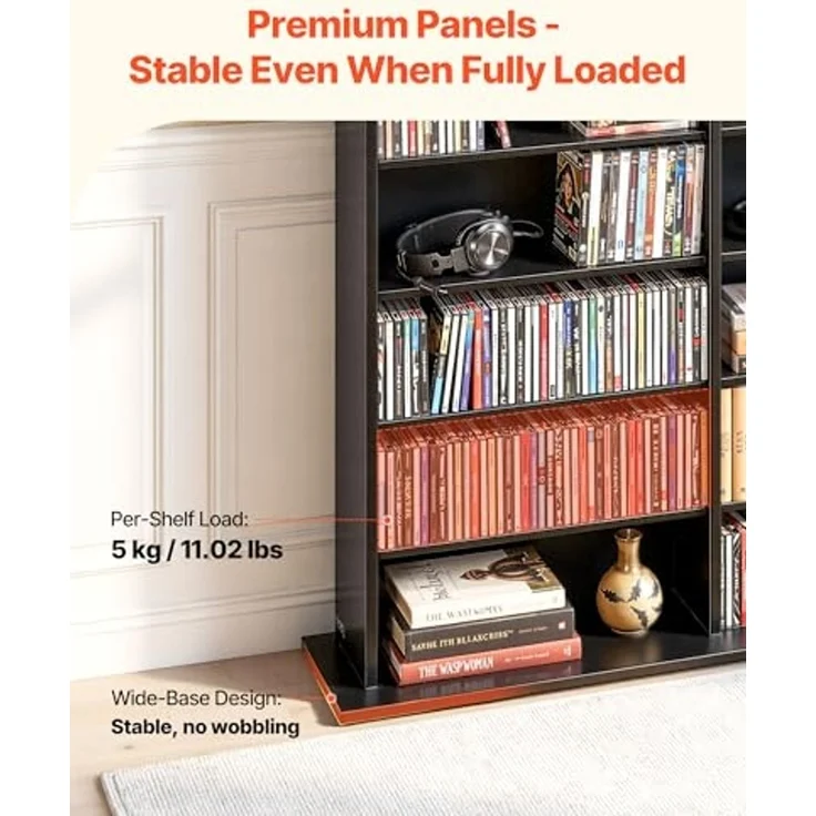 VEVOR DVD-Regal mit 24 Fächern (8 Ebenen), Medienregal Standregal 142 x 22 x 130 cm, Platzsparendes Aufbewahrungsregal für CDs DVDs Bücher Spiele-Discs, Bücherregal für Wohnzimmer/Homeoffice, Schwarz – Bild 5