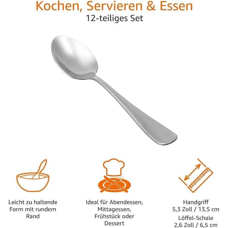 AmazonBasics Tafellöffel, Abgerundete Kanten, Edelstahl, 12er-Pack – Bild 2