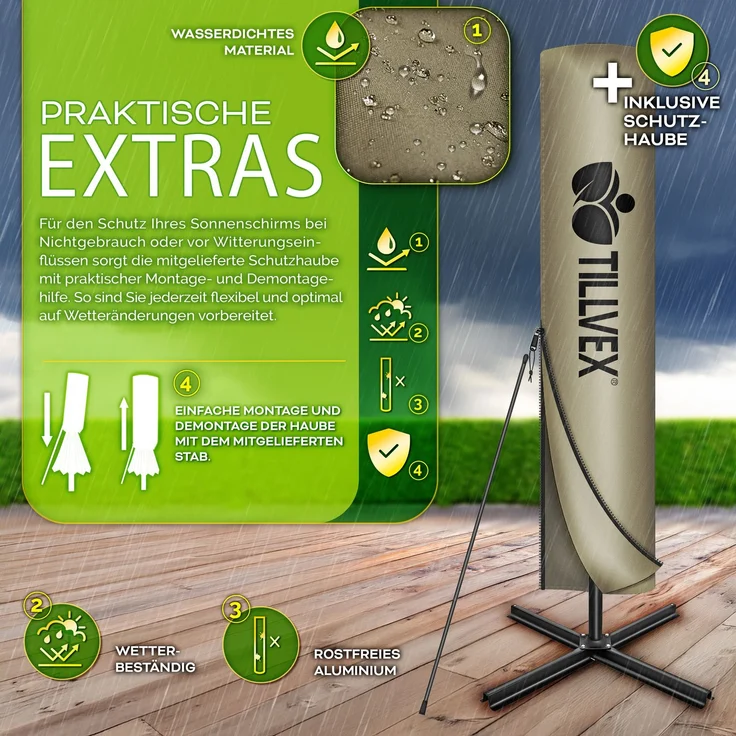 tillvex® Alu Sonnenschirm Rechteckig Ø 330 cm Braun + Abdeckung mit Kurbel | Ampelschirm Eckig mit Ständer & Windschutz | Gartenschirm UV-Schutz Aluminium | Kurbelschirm Marktschirm wasserdicht 360° drehbar – Bild 6