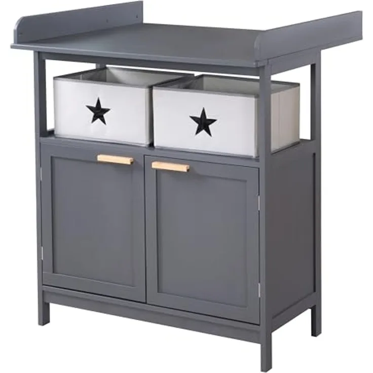 roba® Wickelkommode Hamburg, mit Ansatz, 2 Türen & Boxen, Wandbefestigung - Griffe aus Bambus