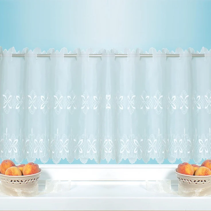 Bistrogardine ( Blumen Ornament ) mit Schlaufenaufhängung ( 45 x 155 cm ), transparente uni Scheibengardine, Vorhang, Kurzgardine, Voile Gardine – Bild 1