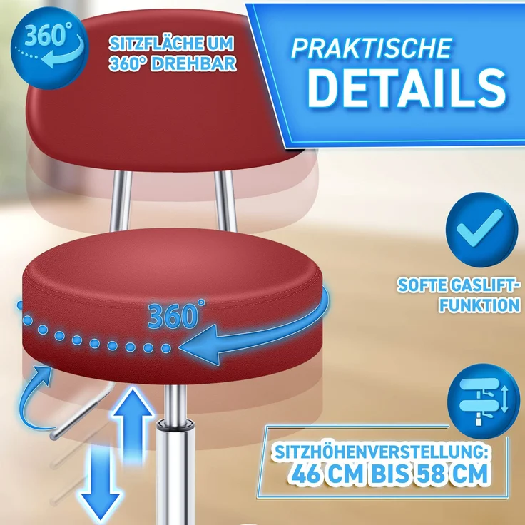 TRESKO Rollhocker mit Lehne, Chrom/Kunstleder weinrot, (60-80) x 47x47 cm – Bild 6