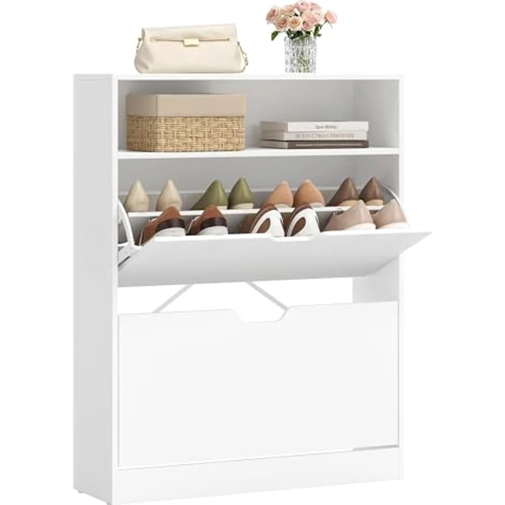 VASAGLE Schuhschrank 2 Klappen, Schuhkipper, Schuhregal, Schuhaufbewahrung, offenes Fach, Trennwand verstellbar, für 11-16 Paar Schuhe, Flur, 24 x 80 x 102 cm, wolkenweiß LBC048W01 – Bild 2