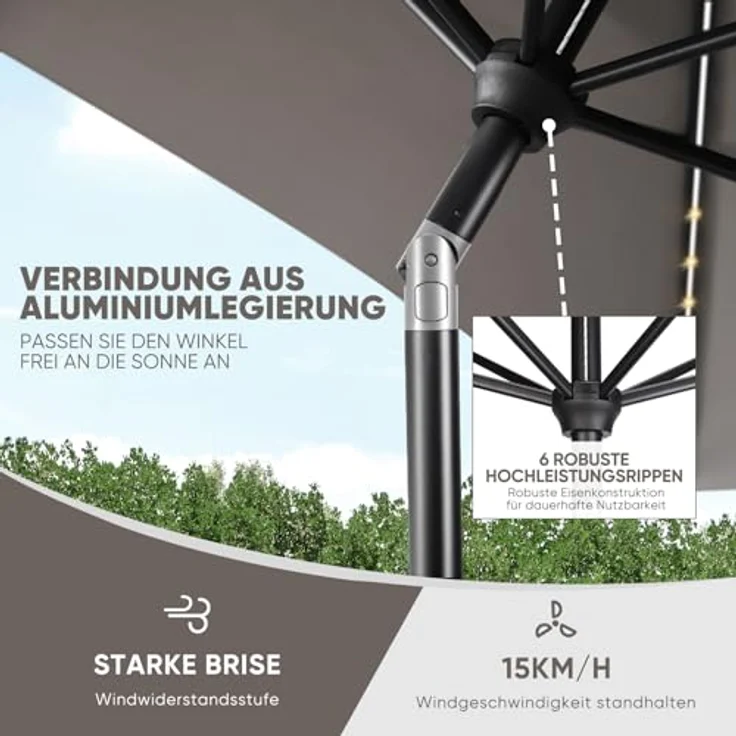 Sekey Sonnenschirm mit LED-Beleuchtung, Kurbel & UV50+, knickbar, Aluminium cappuccino, 200 x 300 cm – Bild 4