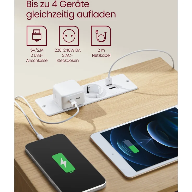 VASAGLE Nachttisch mit Steckdosenleiste, 2er Set, Beistelltisch, 3 Schubladen, 2 AC-Steckdosen, 2 USB-A-Anschlüsse, Wohnzimmer, Schlafzimmer, Arbeitszimmer, modern, strohgelb LETDE831Y70 – Bild 3