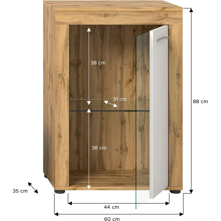 xonox. home Wohnen Jam X8BK6T40 Vitrine Glasvitrine Dekoschrank Glas-Kommodein weiß Melamin/Wotan Eiche Melamin, ca. B/H/T: 600 x 86 x 35 cm – Bild 7