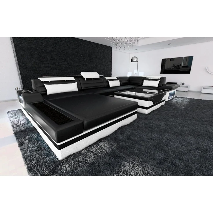 Mini Luxus-Wohnlandschaft Mezzo mit LED-Beleuchtung - Ledermix - Schwarz-Weiß - Links – Bild 2