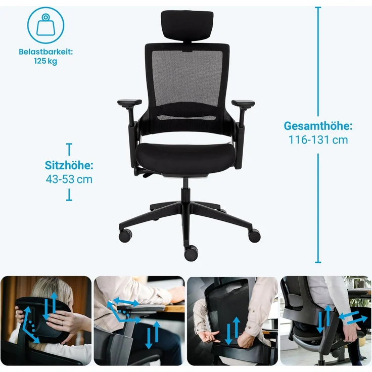 Ergotopia 'NextBack' ergonomischer Bürostuhl mit integrierter Lordosenstütze, Drehstuhl mit 3D Armlehnen & verstellbarer Kopfstütze, Schwarz – Bild 7