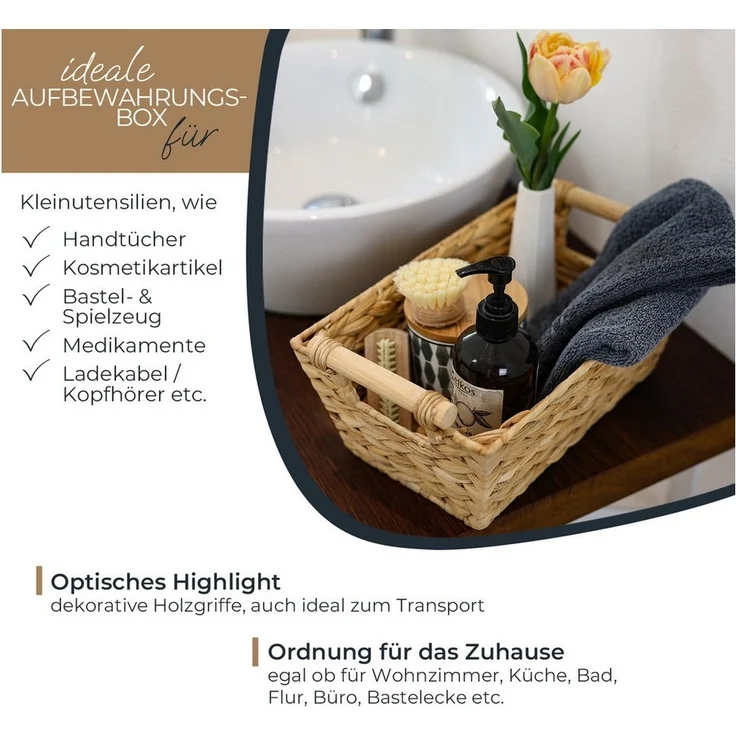 HMF Aufbewahrungskorb Aufbewahrungskorb mit Holzgriffen, Korb geflochten aus Wasserhyazinthe, Badezimmerkorb, lang und eckig, 30 x 20 x 12 cm – Bild 2