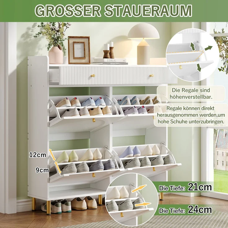 ZUBALIYA Schuhschrank (106,5 x 25 x 105,5 cm), 4 Klappfächer und 2 Schubladen, Verstellbare Einlegeböden, Aus MDF und Spanplatte, Weiß – Bild 17