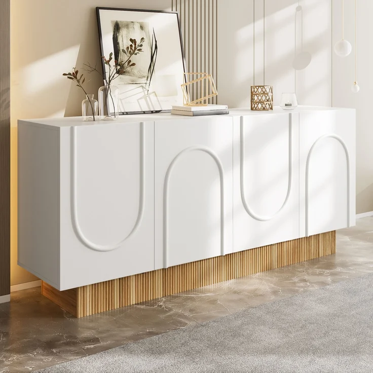 ZUBALIYA Sideboard 160x38x75 cm, mit 4 Türen, aus Spanplatte, Weiß / Holzfarben – Bild 4