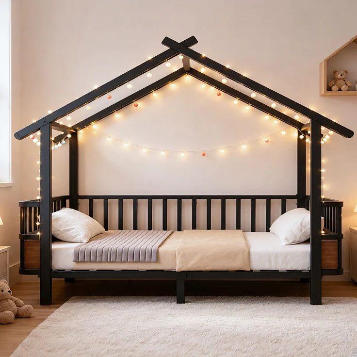 Kinderbett aus Metall in Hausform, 90 x 200 cm, mit Sicherheitsgitter, Dachdesign und dekorativem Rahmen, für Jungen und Mädchen, Schwarz – Bild 4