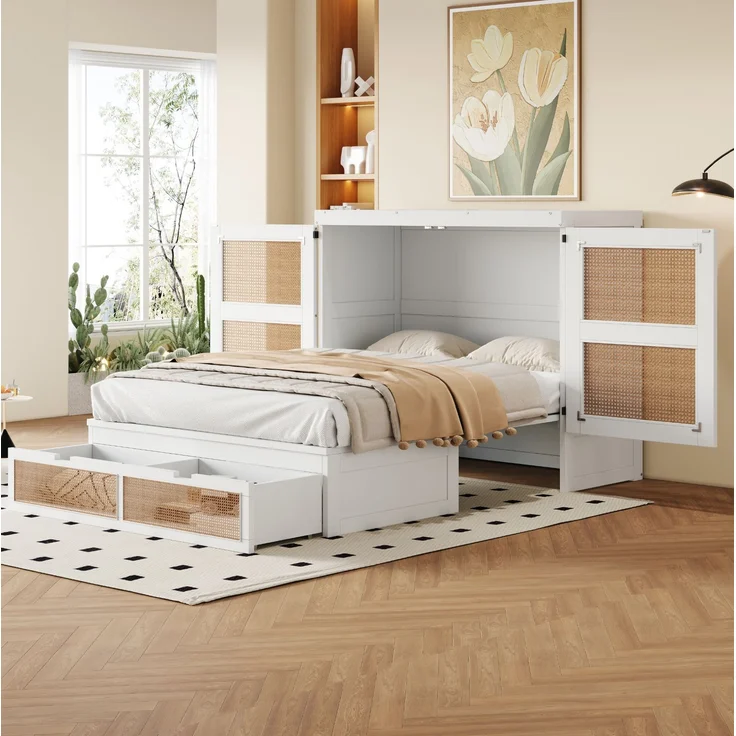 CHICFURN Bett aus Holz Weiß 140x200 cm mit Stauraumschubladen und Rattan-Design – Bild 2