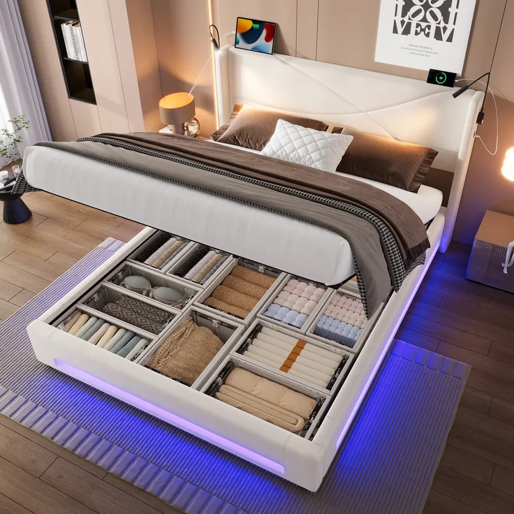 LVHOM Boxbett 140x200cm, Bettgestell mit integrierter Beleuchtung & Stauraum, USB/Typ-C-Ports, XXL-Hydraulik-Storage, platzsparend & Smart-Home-Anschlüssen