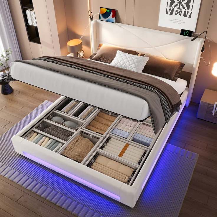 LVHOM Boxbett 140x200cm, Bettgestell mit integrierter Beleuchtung & Stauraum, USB/Typ-C-Ports, XXL-Hydraulik-Storage, platzsparend & Smart-Home-Anschlüssen – Bild 1