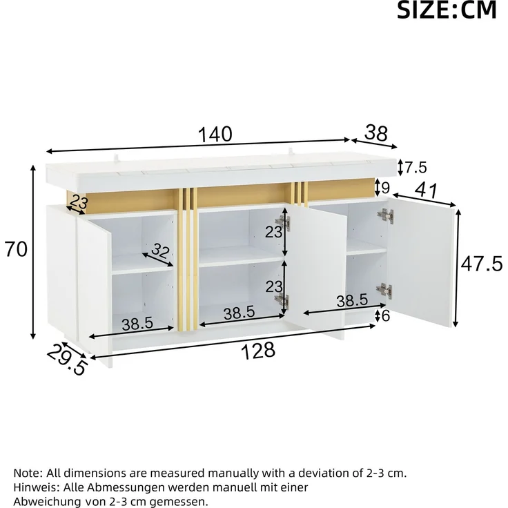 ZUBALIYA Sideboard 140x38x70 cm, mit 3 Türen, aus Spanplatte, Weiß – Bild 4
