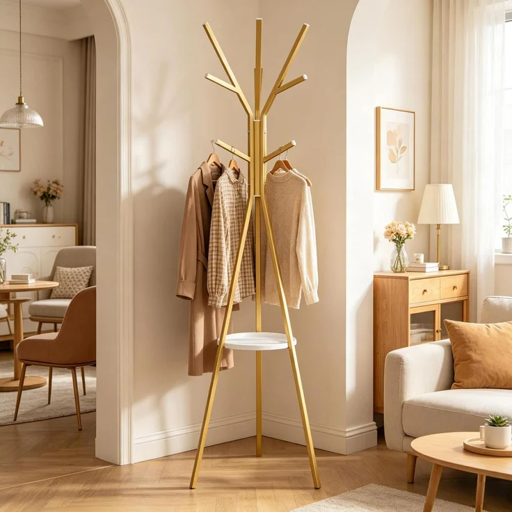 Garderobenständer aus Metall mit 9 Haken & Ablage, 45,5x45,5x180 cm, Gold – Bild 2