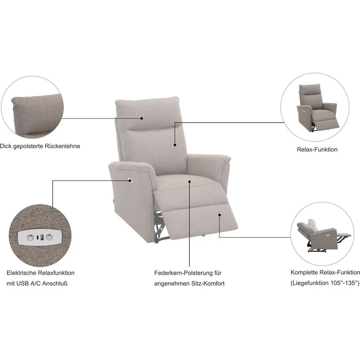 Home affaire Relaxsessel FINNARA, Relaxsessel, TV-Sessel, elelektrische Relaxfunktion, USB A/C, Liegefunktion 105°-135°, Federkern – Bild 2