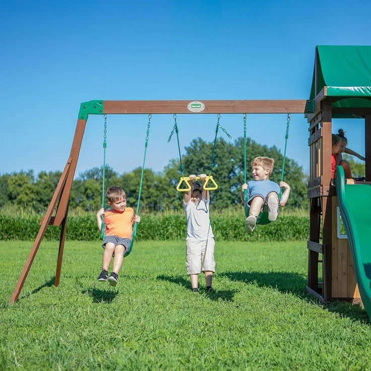 Backyard Discovery Lakewood Spielturm aus Holz XXL Spielhaus für Kinder mit Rutsche, Schaukel, Trapez & Picknicktisch | Braun, grün | Holz | 430.00 cm – Bild 6