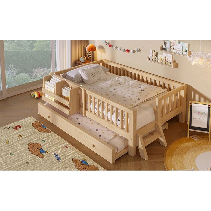 ZUBALIYA Holzbett 90 x 200 cm – Ausziehbett, flexible Montage, Geländer, MDF, Kiefer, Holzfarbe – Bild 6